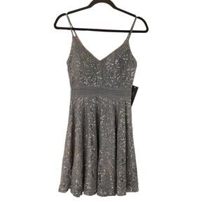 Jodie Kristopher Dress Womens 5 Gray Flared Skirt Spaghetti Strap Sequins Lined